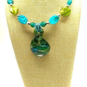 NWT Bold Elements Statement Necklace Teal Green Fused Glass Pendant Bead Choker